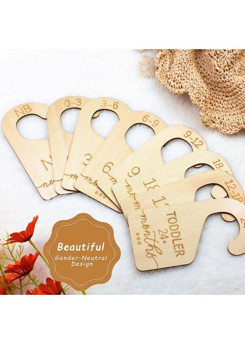 Beautiful Wooden Baby Closet Dividers - Double-Sided Organizer for Newborn  to 24 Months Size Clothes - Adorable Nursery Decor Hanger Dividers Easily