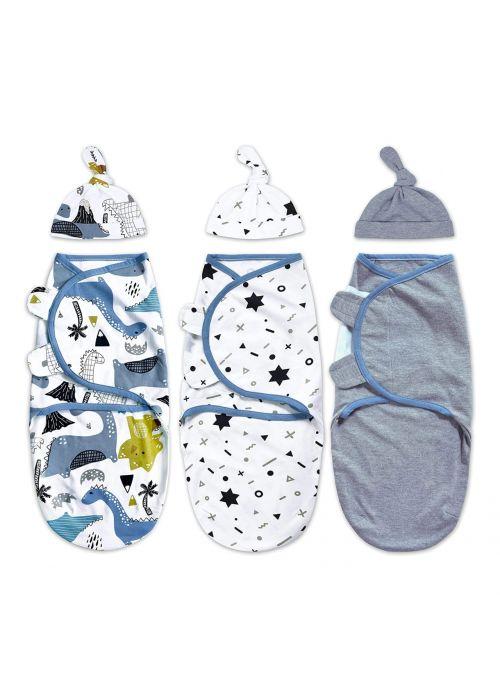 Boys Swaddle Set Large 3pcs Wrap Blankets with 3pcs Baby Cotton Caps,3-6 Month 